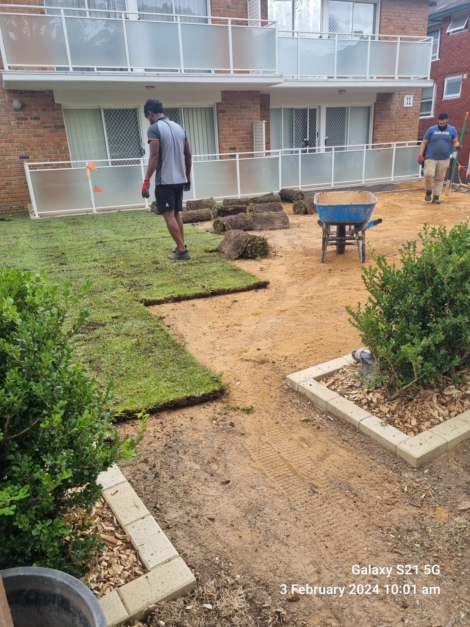Our crew unrolling turf across a prepared front yard