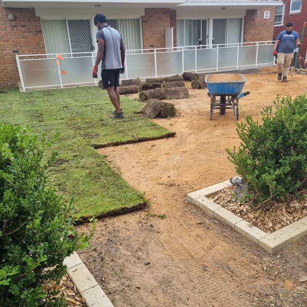 Turf rolls being unrolled across a prepared front yard
