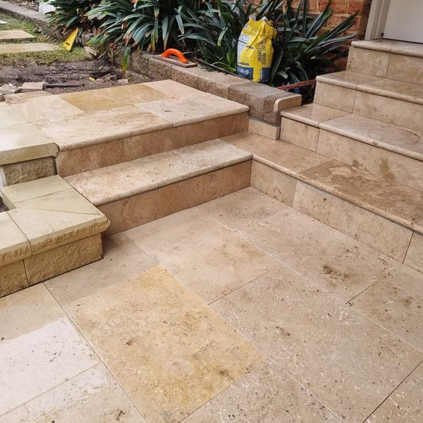 Sandstone paved steps and landing part-way through construction