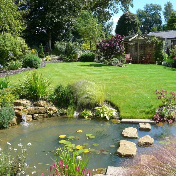 Ornamental garden with a pond, stepping stones and a mown lawn